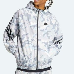 Adidas mens track white & grey all over print lightweight hoodie Sz-XS. Z9